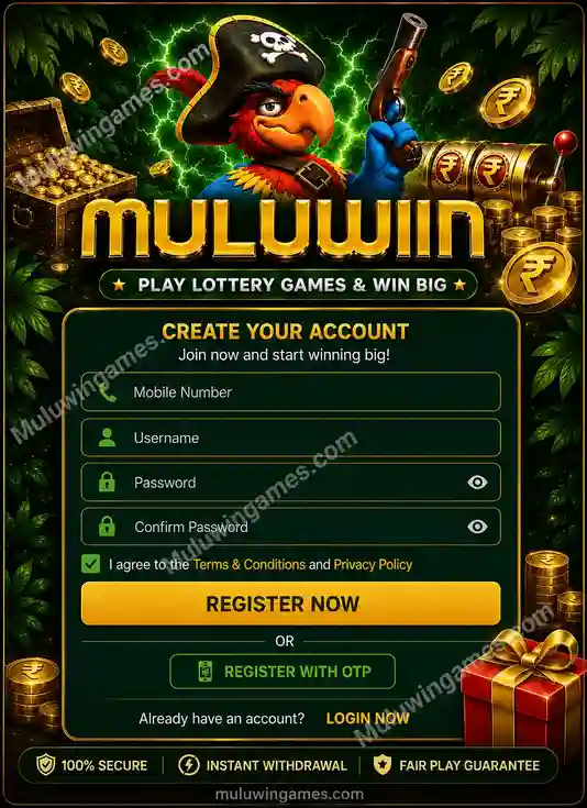 Muluwin registration screen with Mobile Number, Username, Password, Confirm Password fields, Terms checkbox and Register with OTP option