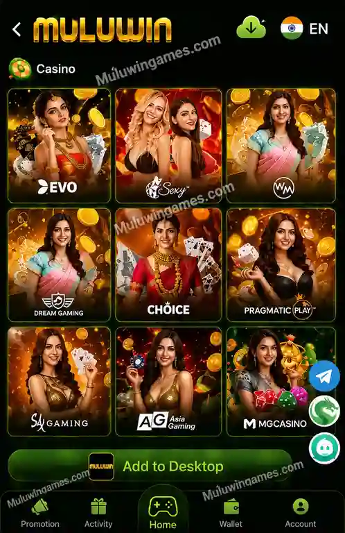 Muluwin Casino screen with live-dealer providers Evolution, Sexy Baccarat, WM Casino, Dream Gaming, Choice, Pragmatic Play, SA Gaming, AG Asia Gaming and MG Casino