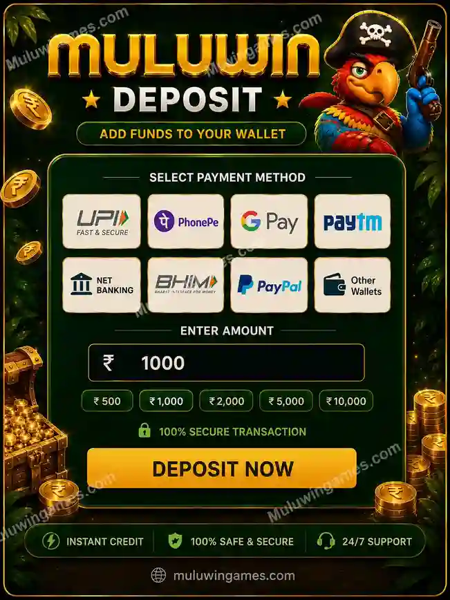 Official Muluwin deposit screen showing UPI, PhonePe, Google Pay, Paytm, Net Banking, BHIM and PayPal payment options
