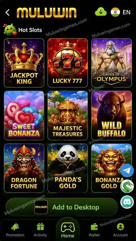 Muluwin Hot Slots screen featuring Jackpot King, Lucky 777, Gates of Olympus, Sweet Bonanza, Majestic Treasures, Wild Buffalo, Dragon Fortune, Panda's Gold and Bonanza Gold