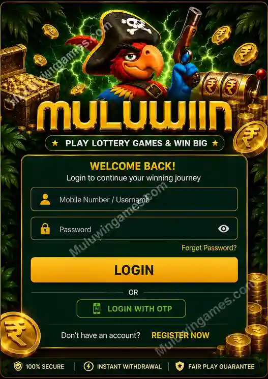 Muluwin login screen with Mobile Number/Username, Password fields, Login with OTP option and Forgot Password link