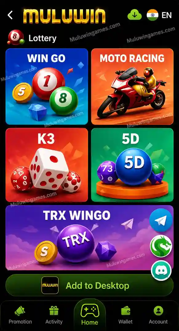 Muluwin Lottery games screen listing Win Go, Moto Racing, K3, 5D and TRX Wingo