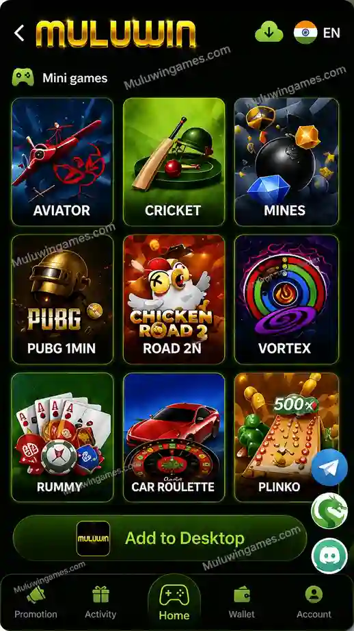 Muluwin Mini games screen showing Aviator, Cricket, Mines, PUBG 1MIN, Chicken Road 2N, Vortex, Rummy, Car Roulette and Plinko